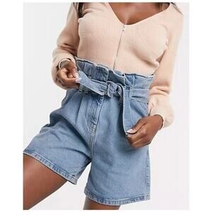 Asos Denim Shorts Womens 12 Blue High Rise Paperbag Waist Belted Beach Coastal
